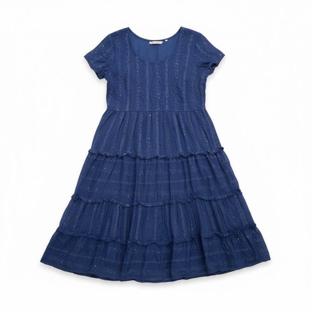Soft Surroundings Prairie Dress Indigo Tiered Midi Sequin Stripe Boho Cottage PL
